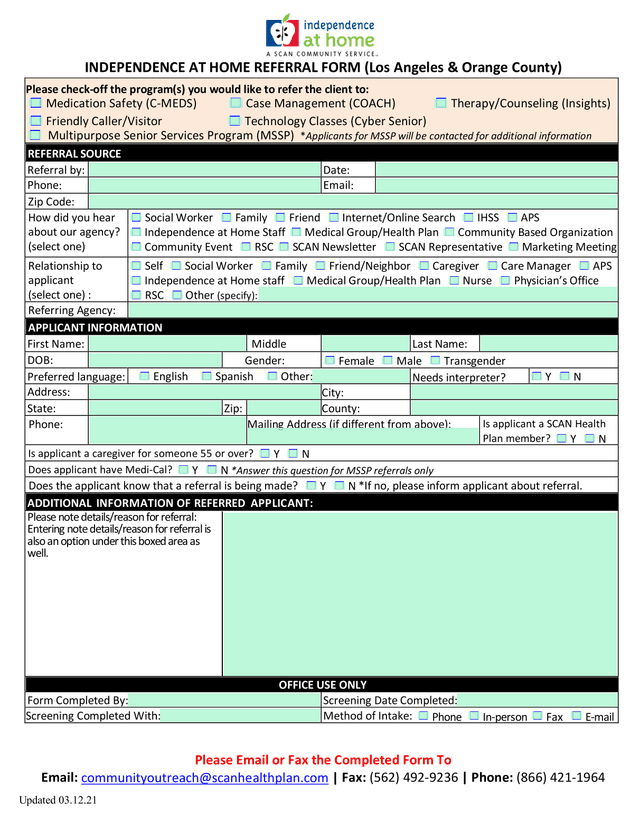 Independence At Home Referral Form (Los Angeles  Orange County) screenshot