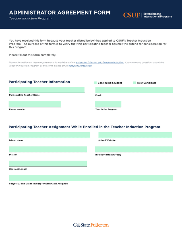 Administrator Agreement Form   Teacher Induction Program screenshot