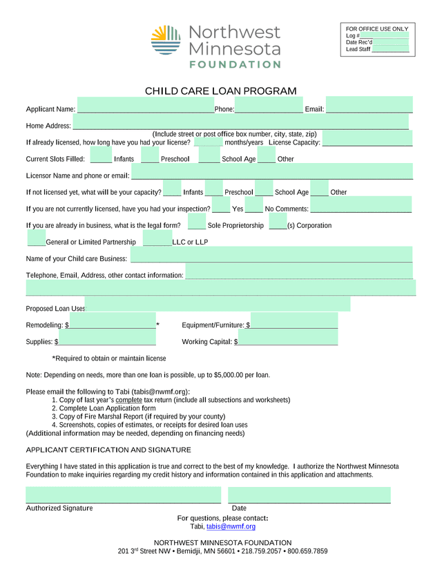 Child Care Loan Program Application screenshot