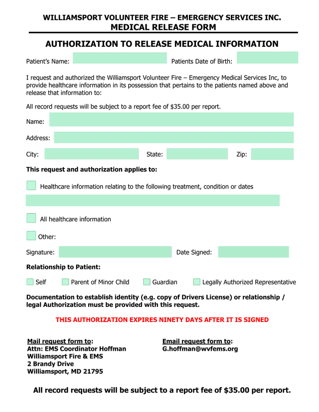 Williamsport Volunteer Fire  Emergency Services Inc. Medical Release Form screenshot