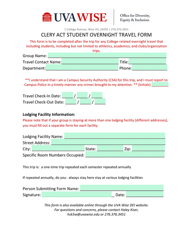 Clery Act Student Overnight Travel Form screenshot