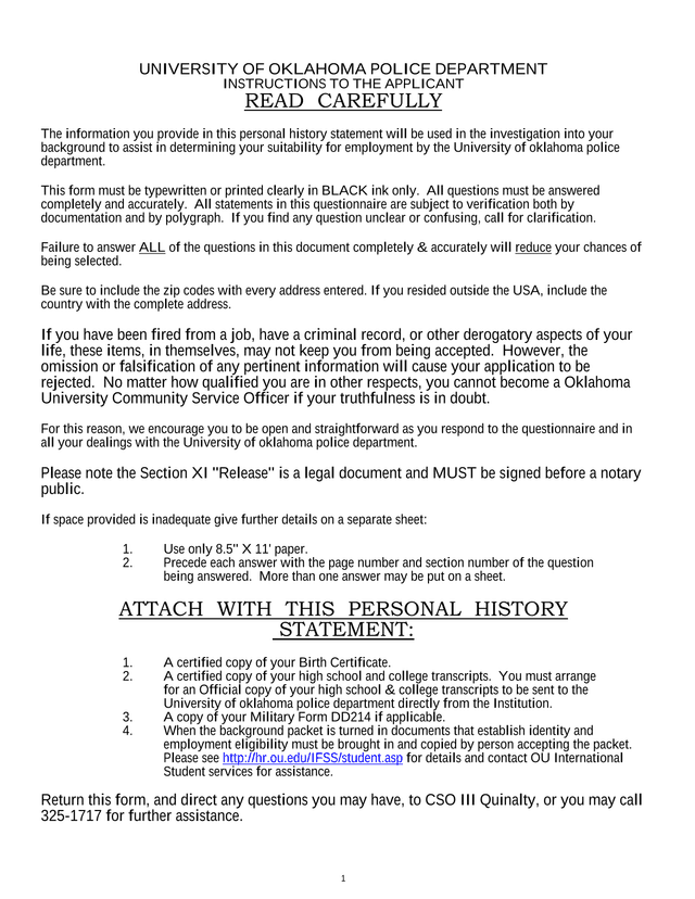 University Of Oklahoma Police Department   Personal History Statement screenshot