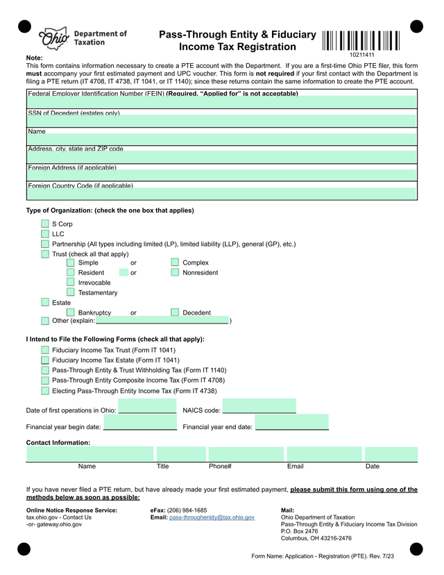 Pass Through Entity  Fiduciary Income Tax Registration screenshot