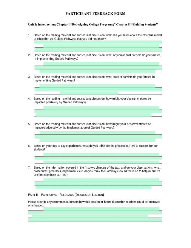PARTICIPANT FEEDBACK FORM screenshot
