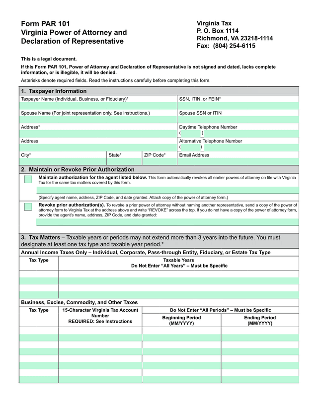 Form PAR 101 Virginia Power Of Attorney And Declaration Of Representative screenshot
