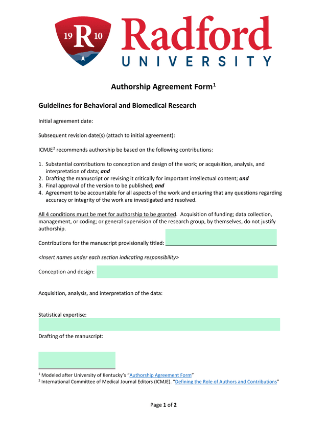 Authorship Agreement Form screenshot