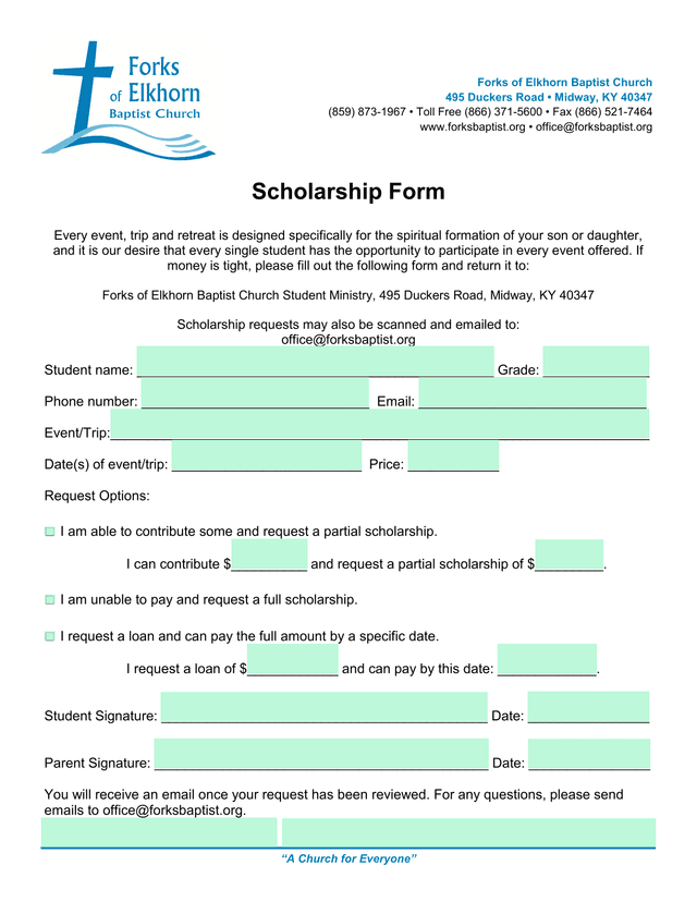 A Church For Everyone Scholarship Form screenshot