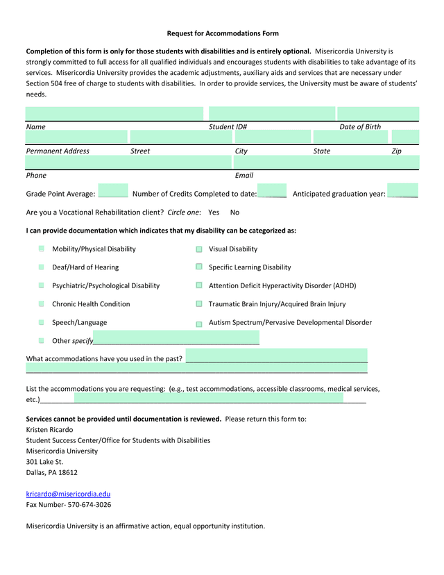 Request For Accommodations Form screenshot