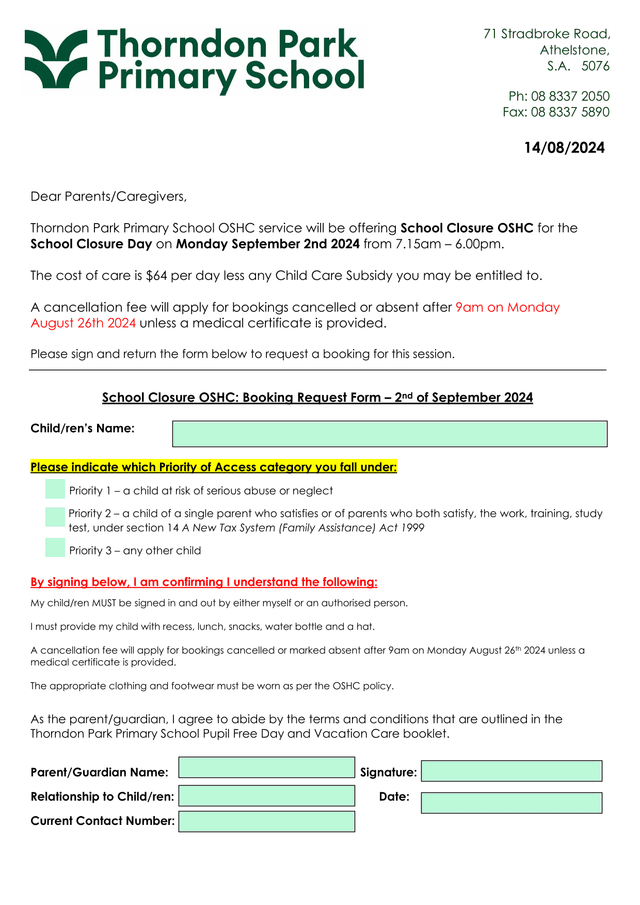 School Closure OSHC Booking Request Form  2nd Of September 2024 screenshot