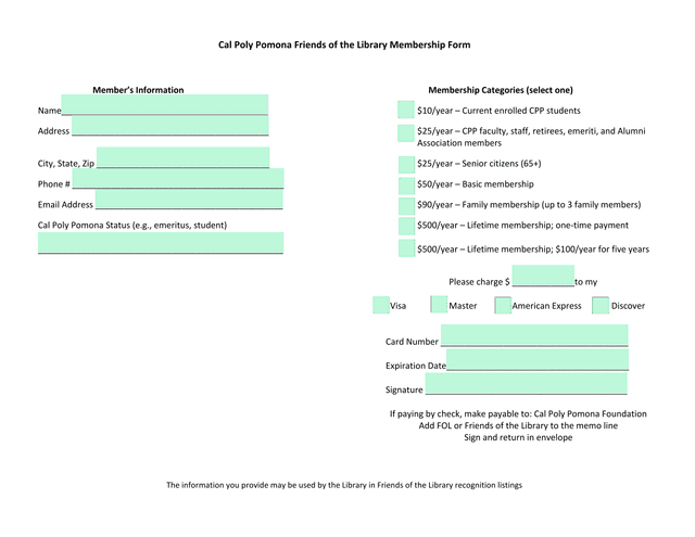 Cal Poly Pomona Friends Of The Library Membership Form screenshot
