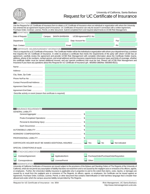 Request For UC Certificate Of Insurance screenshot