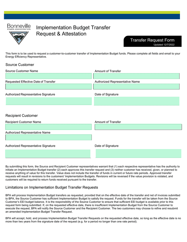 Implementation Budget Transfer Request  Attestation Transfer Request Form screenshot