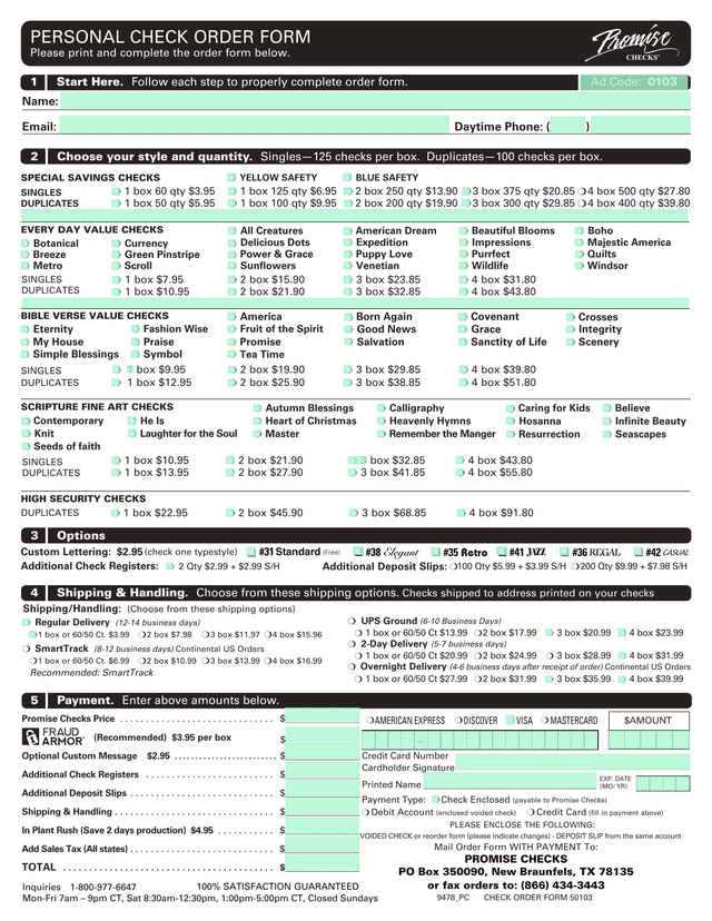 Personal Check Order Form screenshot