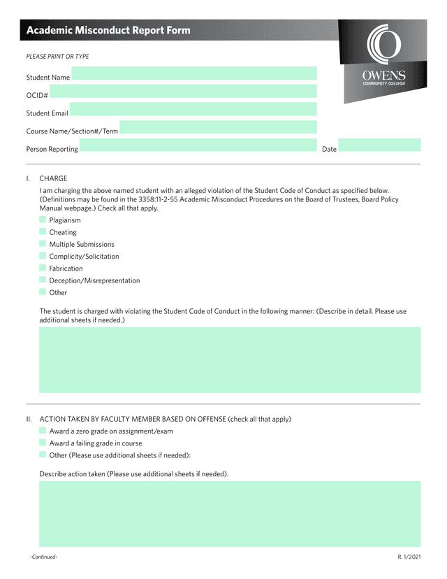 Academic Misconduct Report Form screenshot
