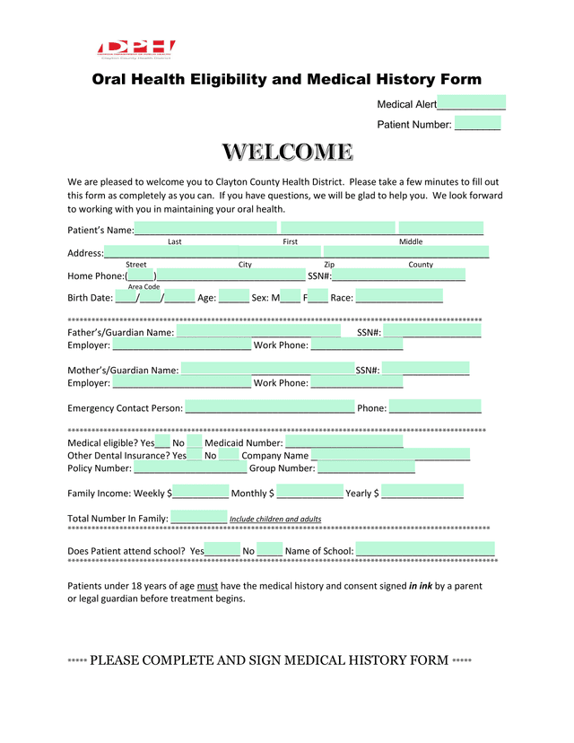 Oral Health Eligibility And Medical History Form screenshot