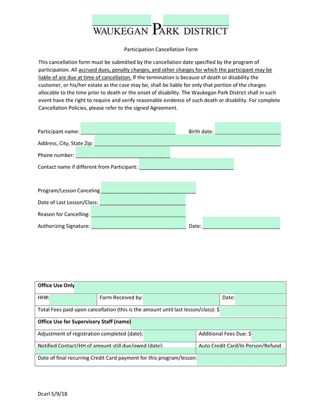 Participation Cancellation Form screenshot