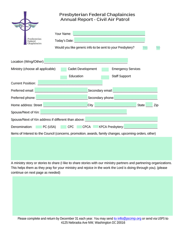 Presbyterian Federal Chaplaincies   Civil Air Patrol Annual Report Form screenshot