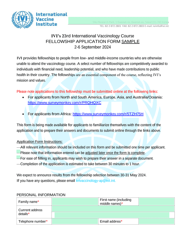 IVIS 23rd International Vaccinology Course Fellowship Application Form screenshot