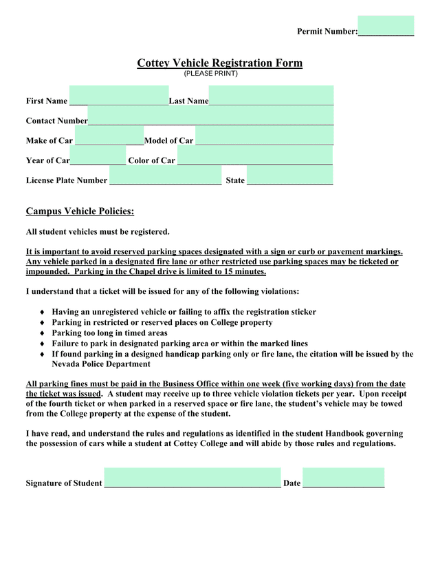 Cottey Vehicle Registration Form screenshot