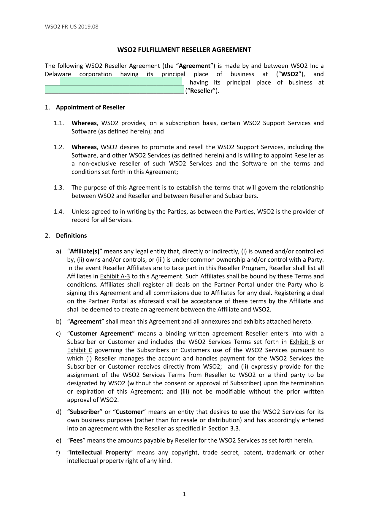 WSO2 Fulfillment Reseller Agreement screenshot