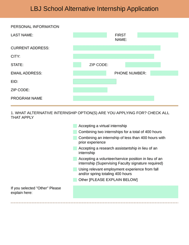 LBJ School Alternative Internship Application screenshot