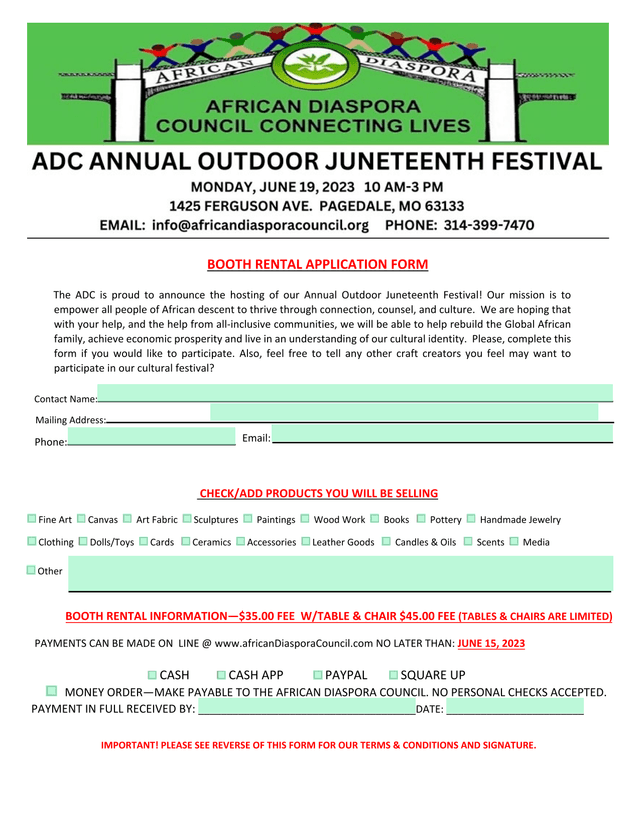 Booth Rental Application Form screenshot