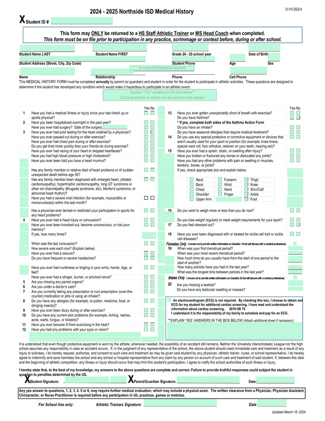 2024   2025 Northside ISD Medical History screenshot