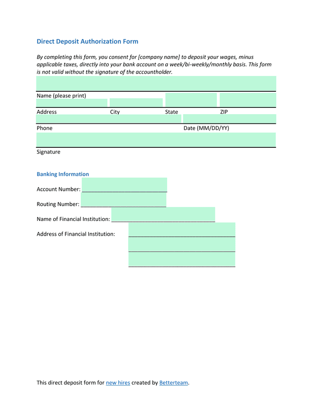 Direct Deposit Authorization Form screenshot