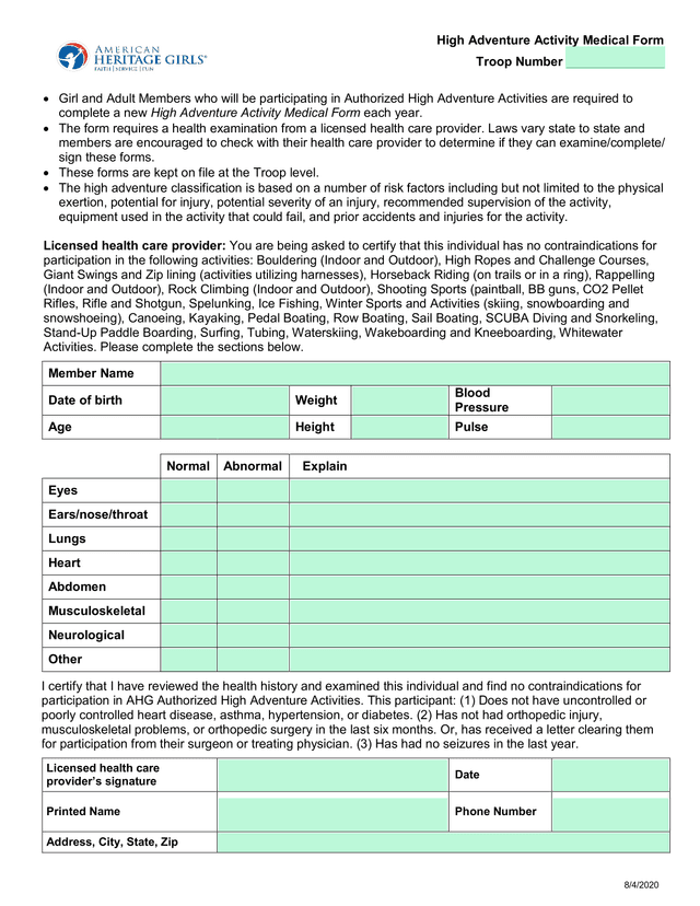 High Adventure Activity Medical Form screenshot