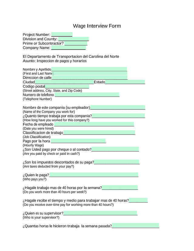 Wage Interview Form screenshot