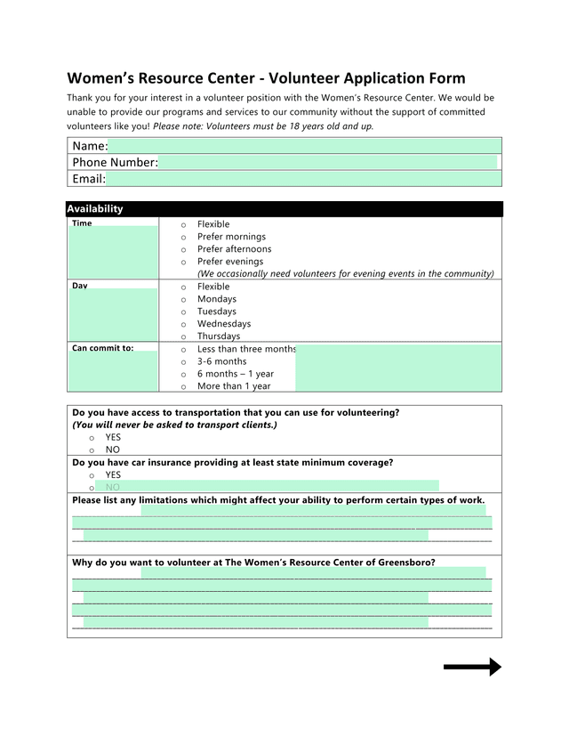 WomenS Resource Center   Volunteer Application Form screenshot