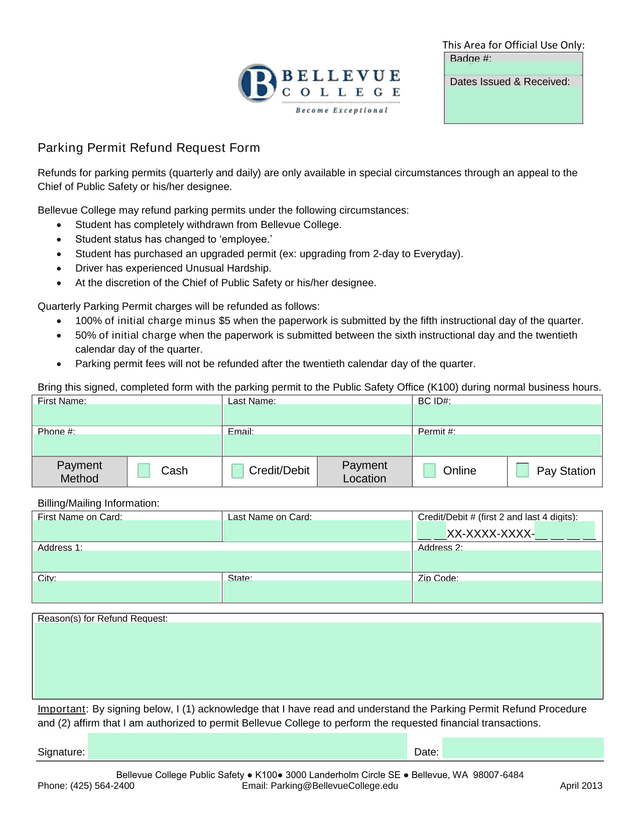 Parking Permit Refund Request Form screenshot