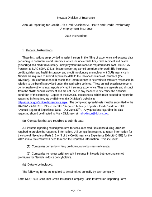 Annual Reporting For Credit Life, Credit Accident  Health And Credit Involuntary Unemployment Insura screenshot