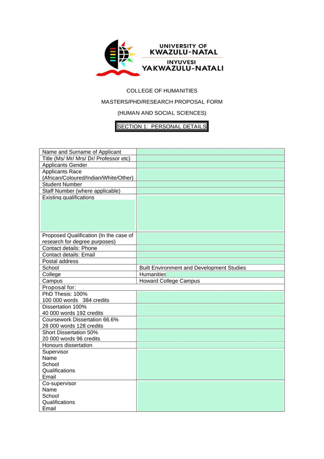 MASTERSPHDRESEARCH PROPOSAL FORM (HUMAN AND SOCIAL SCIENCES) screenshot