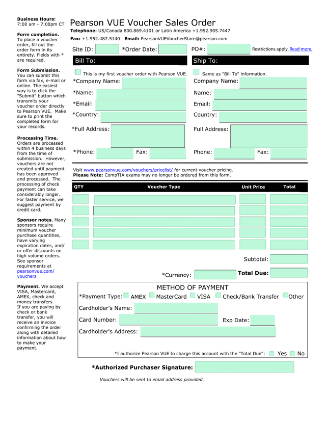 Pearson VUE Voucher Sales Order screenshot