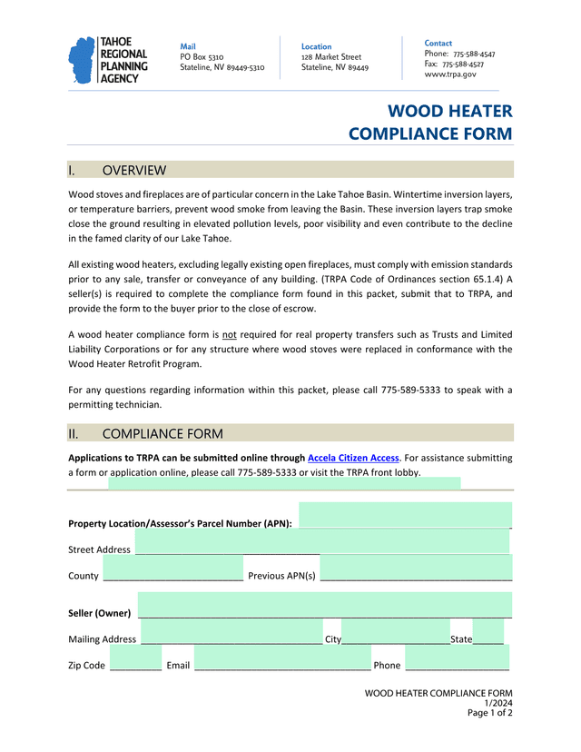 WOOD HEATER COMPLIANCE FORM screenshot