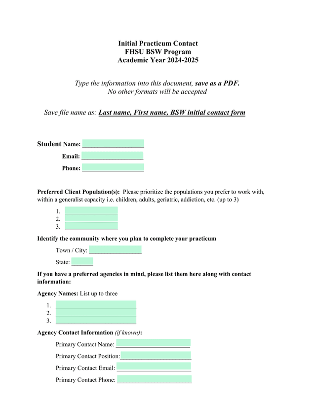 Initial Practicum Contact   FHSU BSW Program screenshot