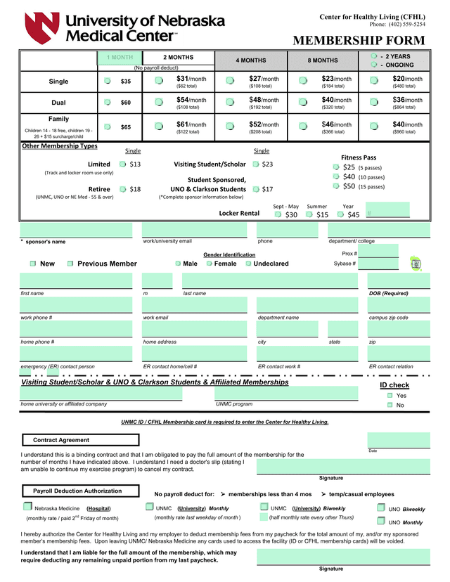Center For Healthy Living Membership Form screenshot