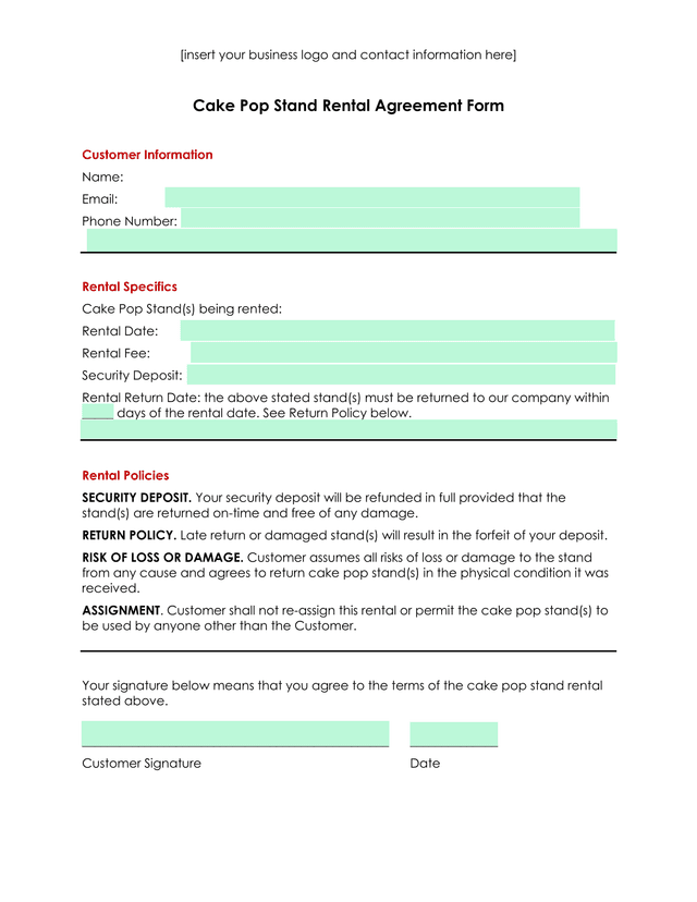 Cake Pop Stand Rental Agreement Form screenshot