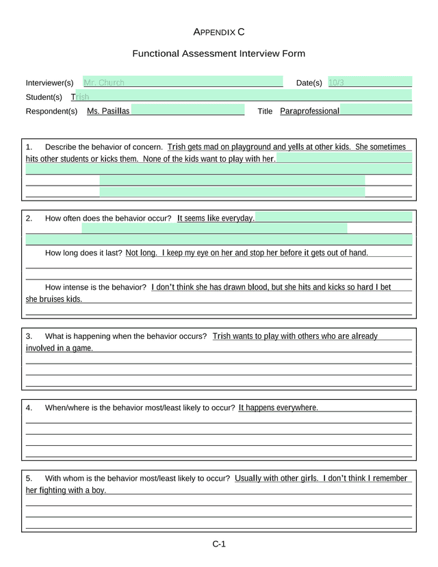 Functional Assessment Interview Form screenshot