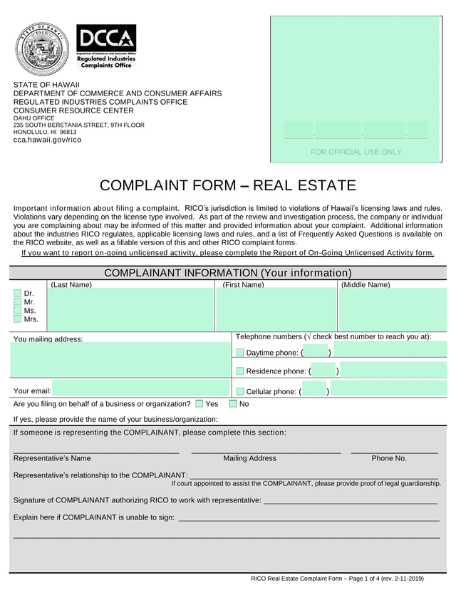 RICO Real Estate Complaint Form screenshot