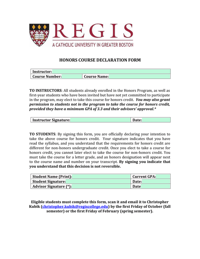 Honors Course Declaration Form screenshot