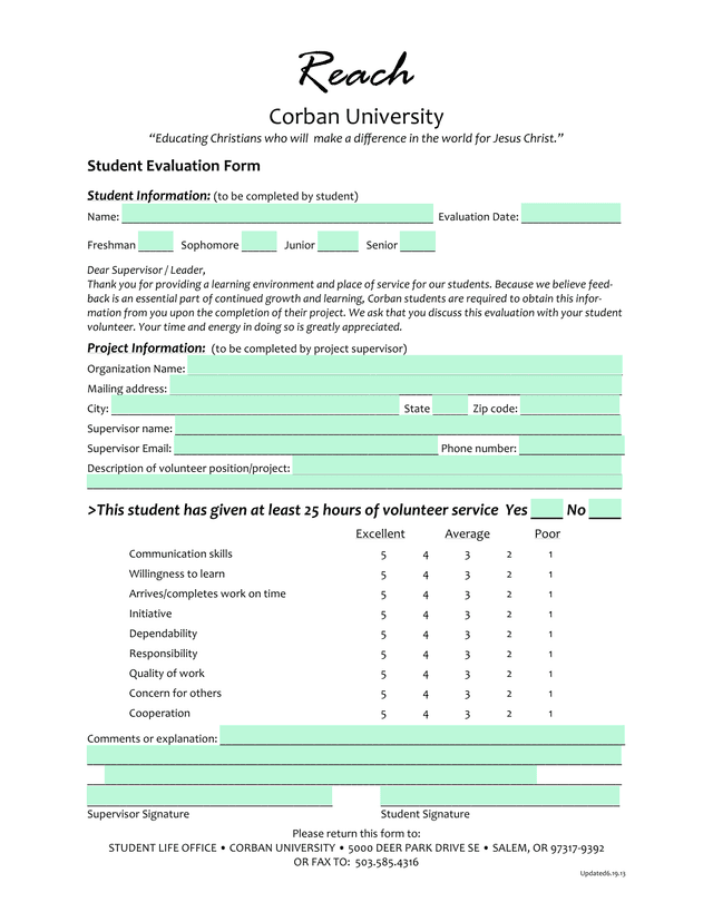 Student Evaluation Form screenshot