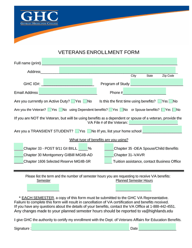 Veterans Enrollment Form screenshot