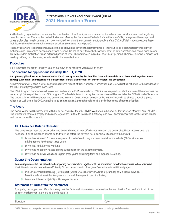 International Driver Excellence Award (IDEA) 2021 Nomination Form screenshot