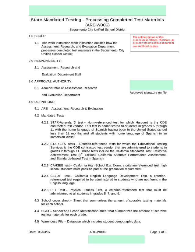 State Mandated Testing  Processing Completed Test Materials screenshot