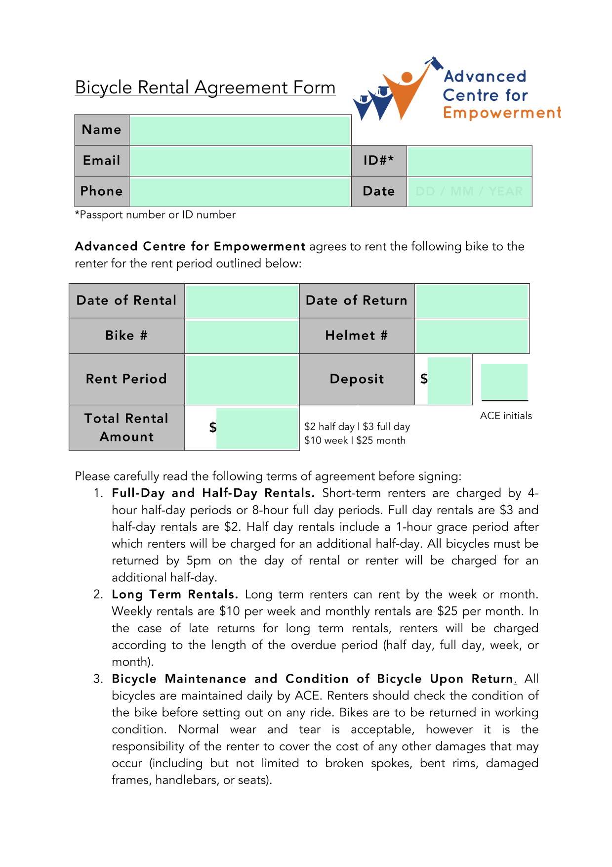 Bicycle Rental Agreement Form screenshot
