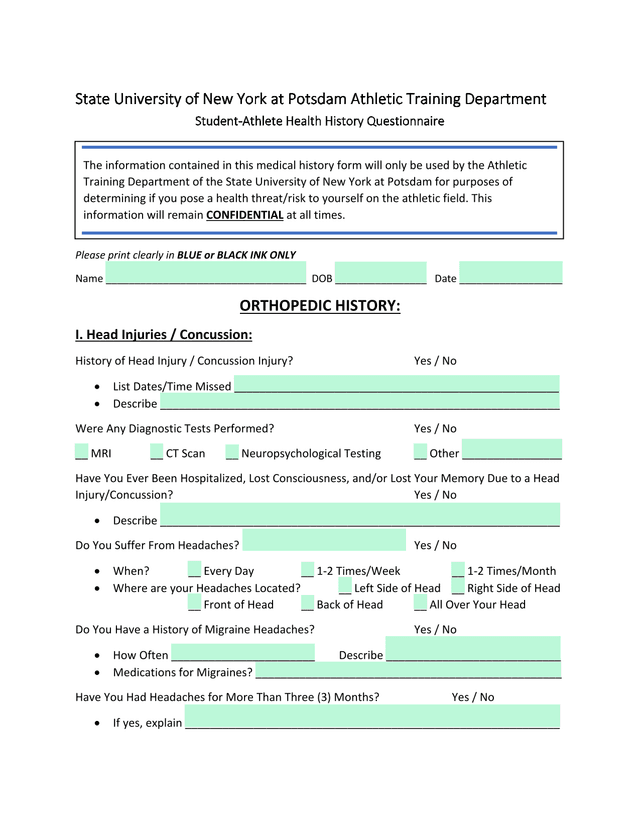 Student Athlete Health History Questionnaire screenshot