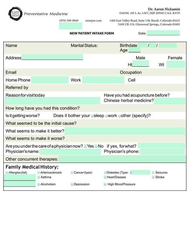 NEW PATIENT INTAKE FORM screenshot
