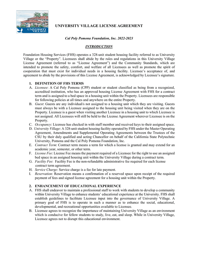 University Village License Agreement screenshot